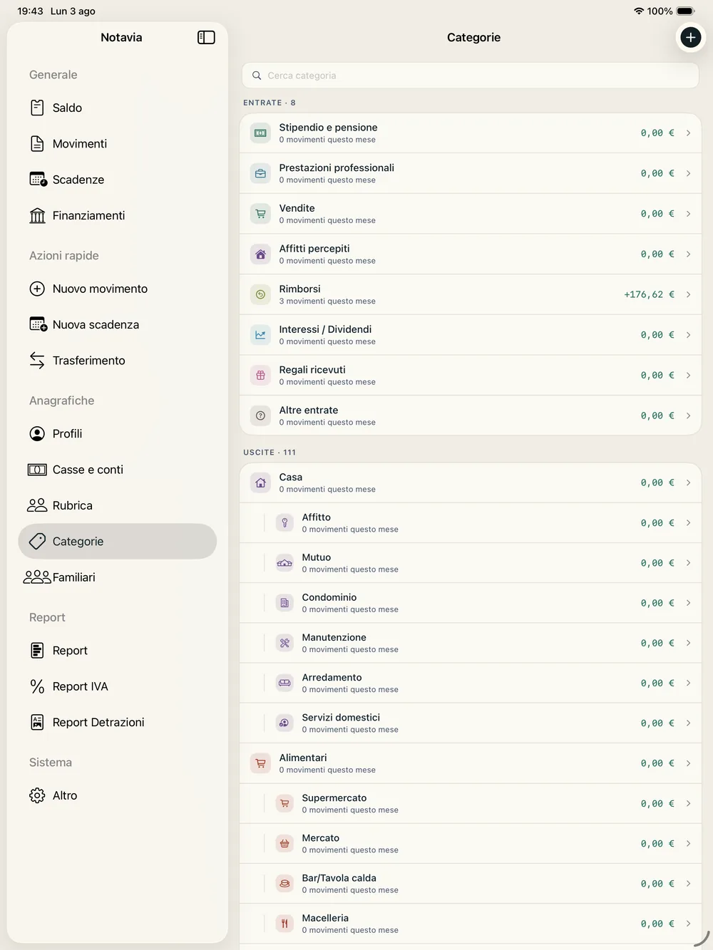 Notavia su iPad: gerarchia di categorie con sottocategorie.
