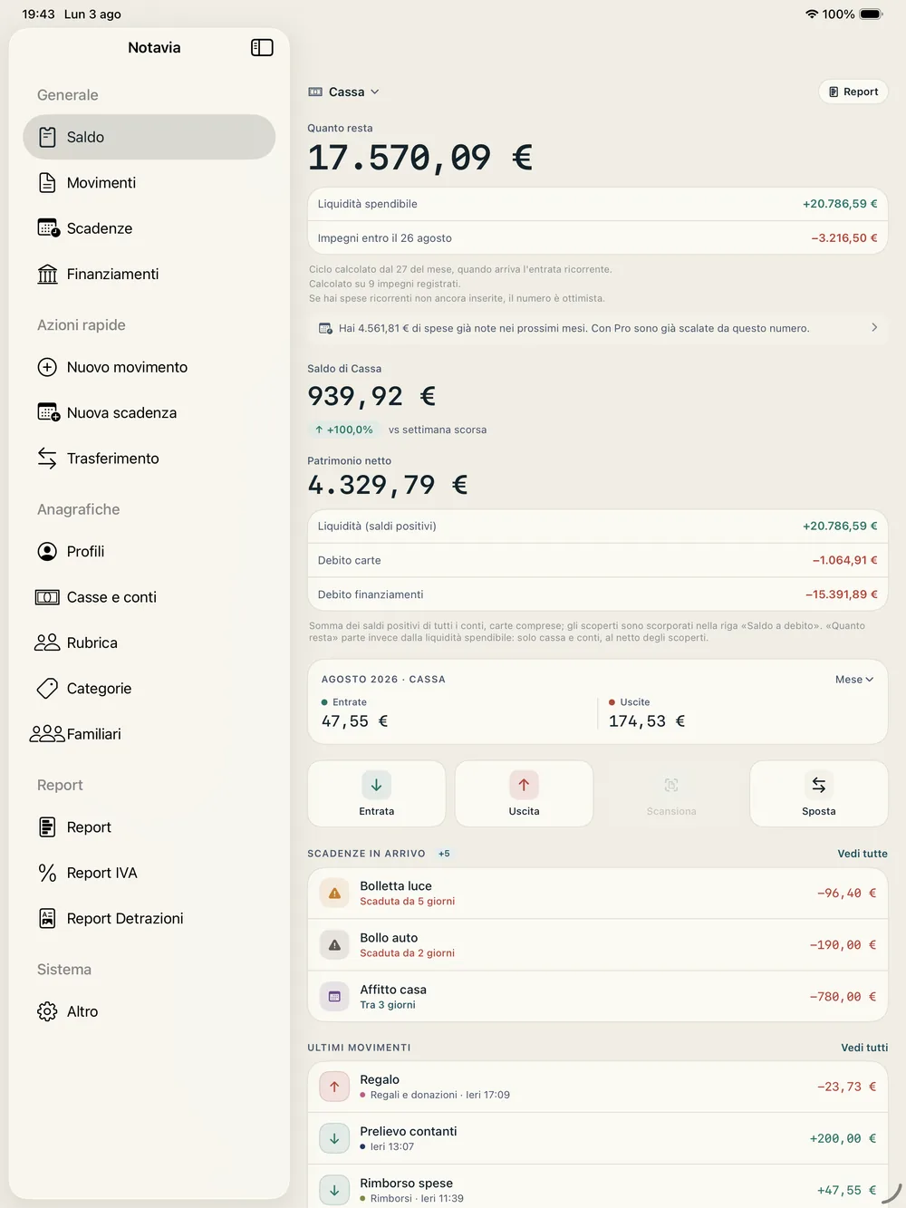 Notavia su iPad: barra laterale e schermata Saldo affiancate.