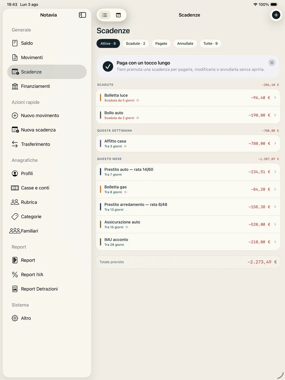 Notavia su iPad: scadenze per periodo con totale previsto.