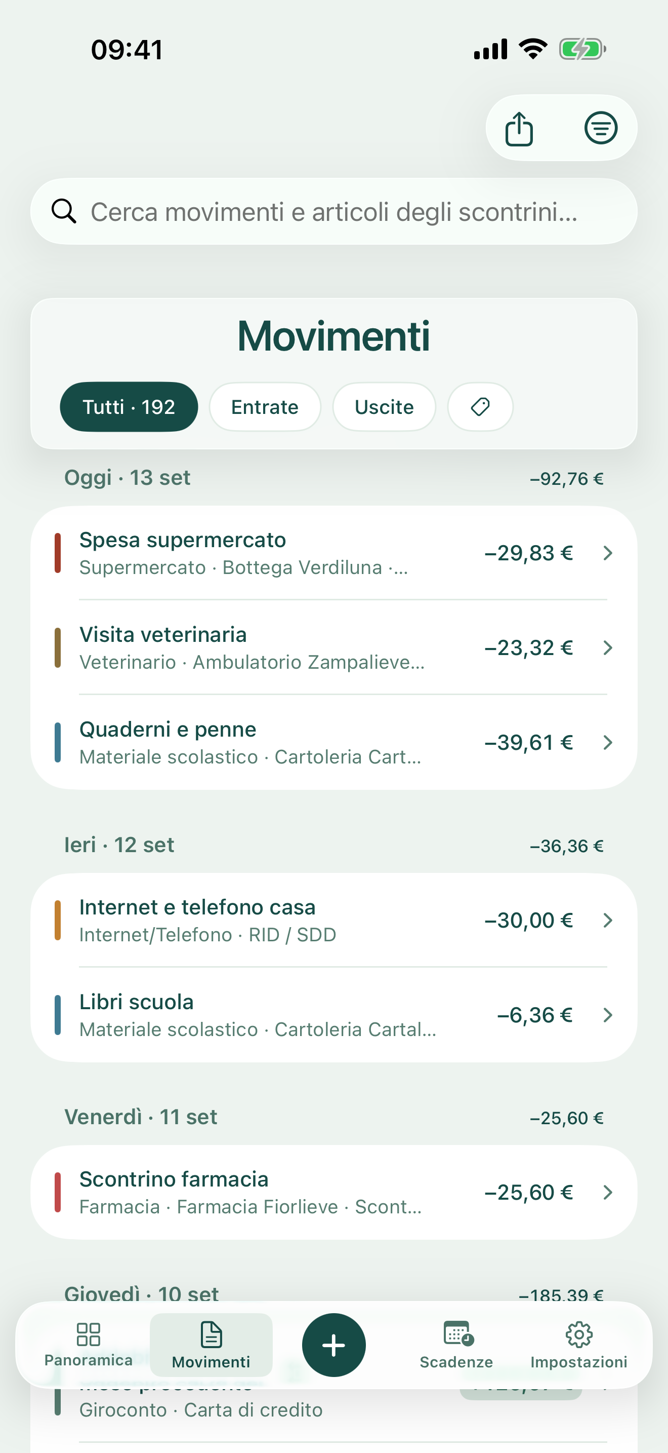 notavia su iPhone, elenco di entrate e uscite con dati di esempio.