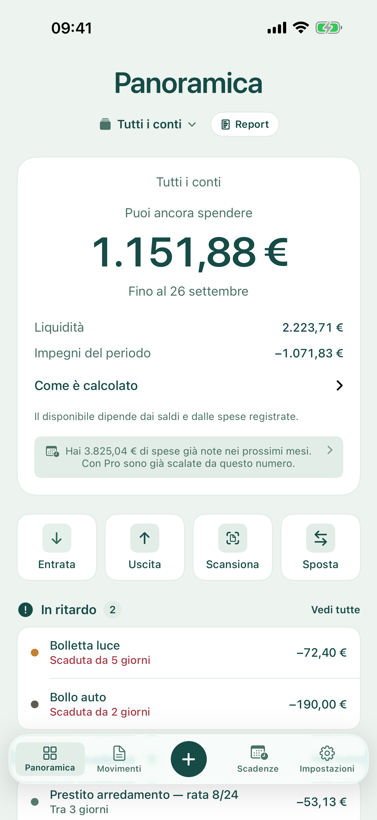 notavia su iPhone, disponibile e prossime spese con dati di esempio.
