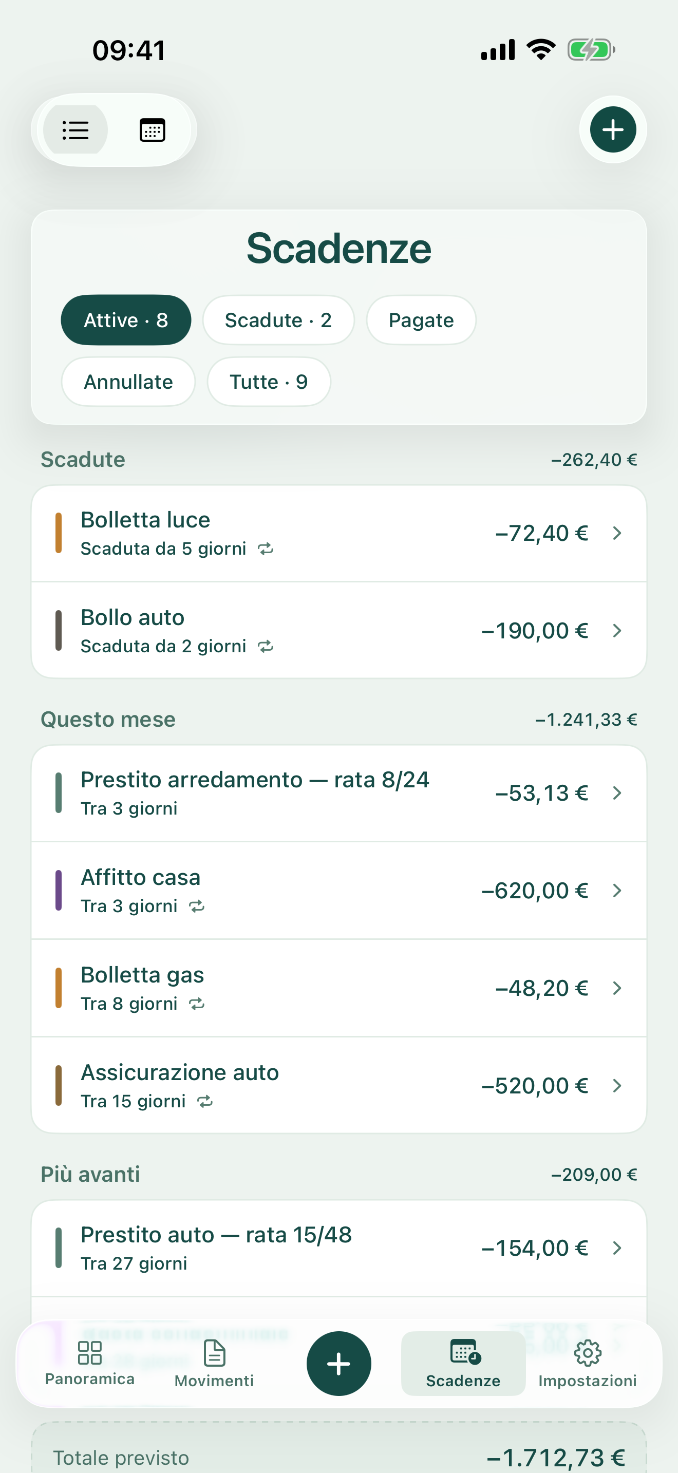 notavia su iPhone, scadenze suddivise per periodo con dati di esempio.