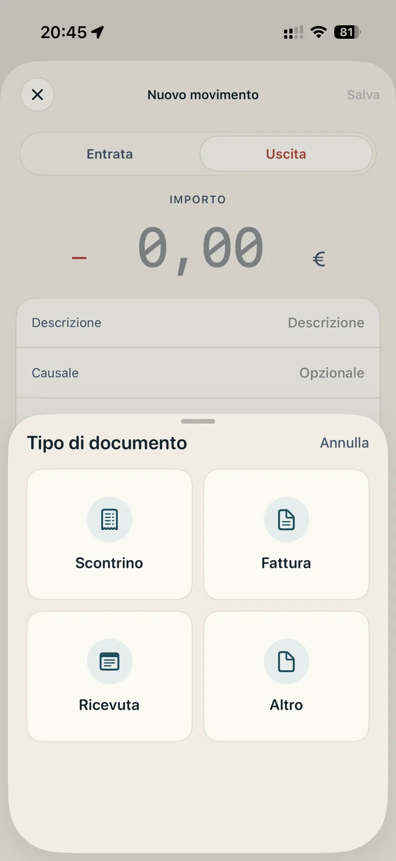 Notavia su iPhone: scelta del tipo di documento da scansionare, scontrino, fattura o ricevuta.