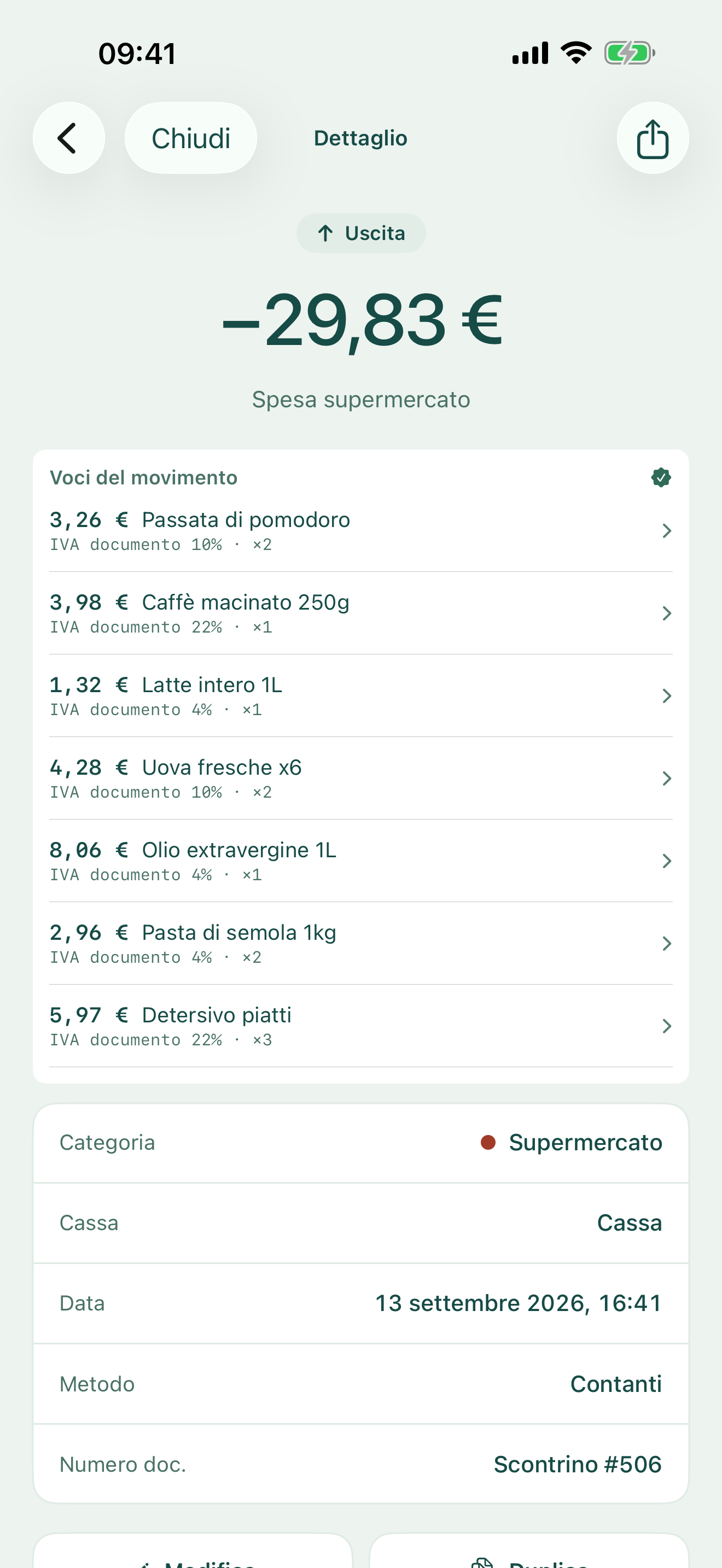 notavia su iPhone, voci di uno scontrino da 29,83 euro, con dati di esempio.