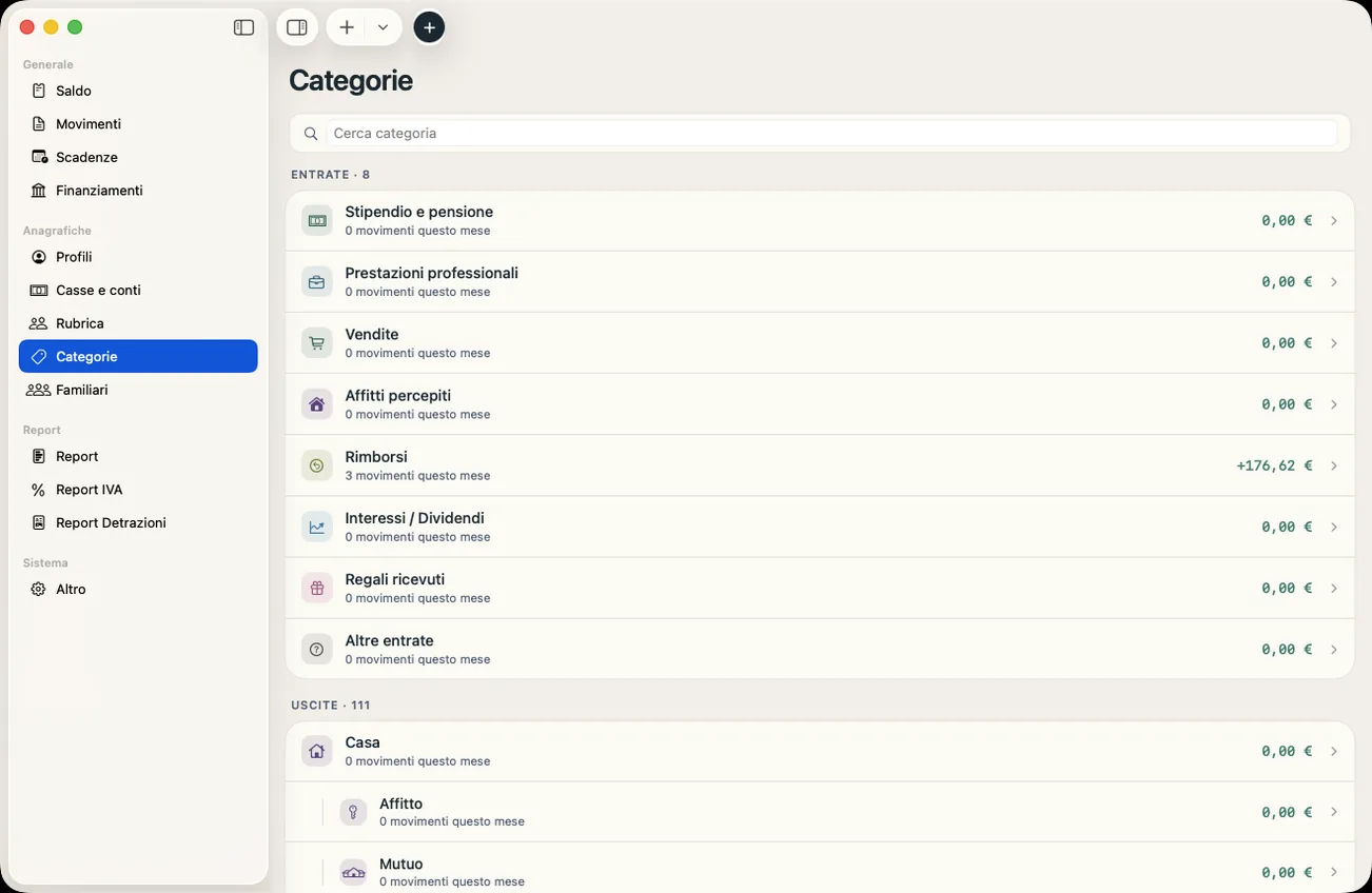 Notavia su Mac: categorie di entrate e uscite nella finestra macOS.