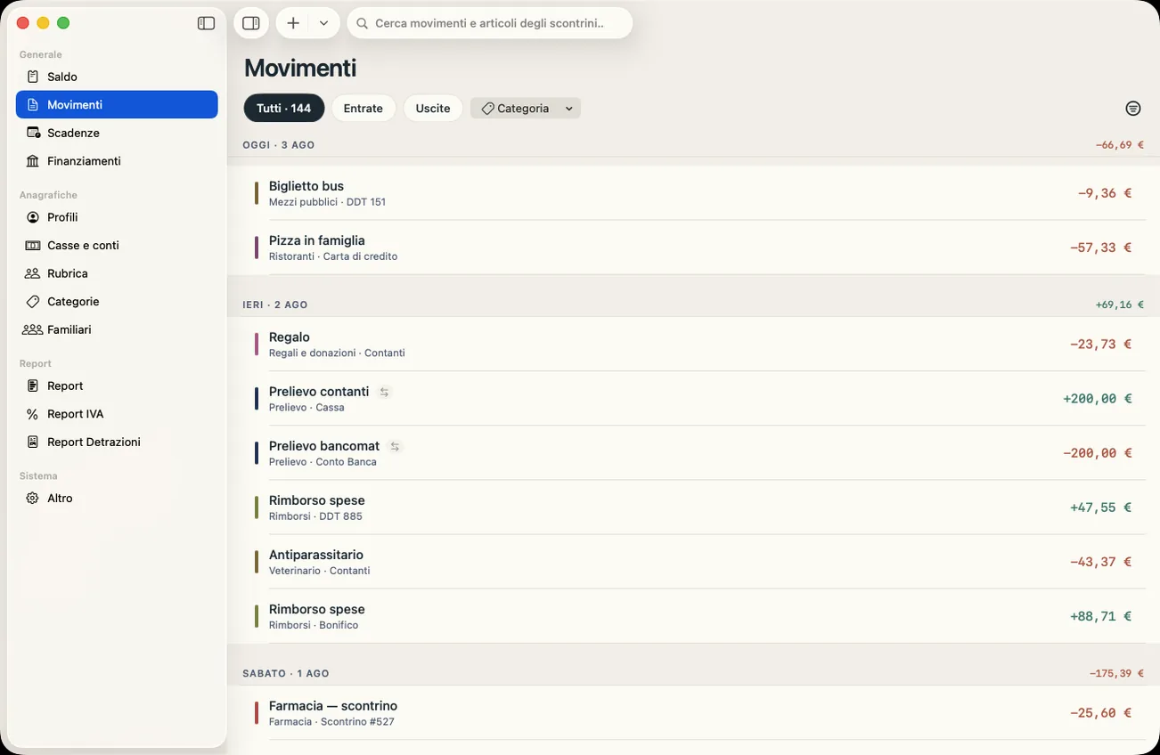 Notavia su Mac: elenco movimenti per giorno nella finestra macOS.