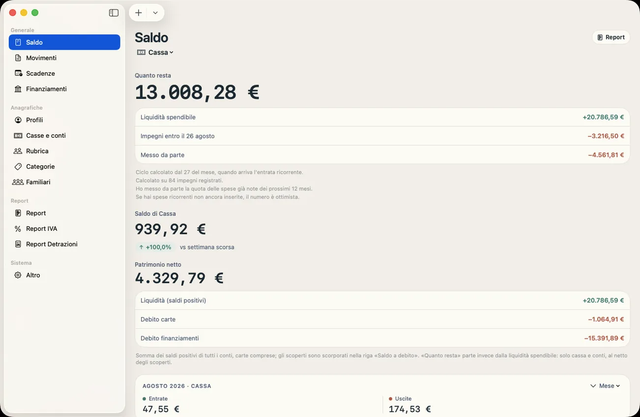 Notavia su Mac: schermata Saldo con quanto resta da spendere, nella finestra macOS con barra laterale.